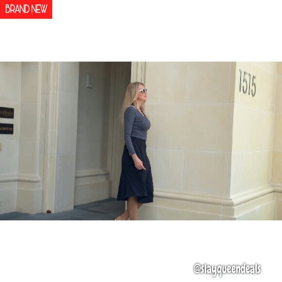 High Waisted Pleated Midi Skirt with Pockets, Flowy A-Line Design - Picture 8 of 8